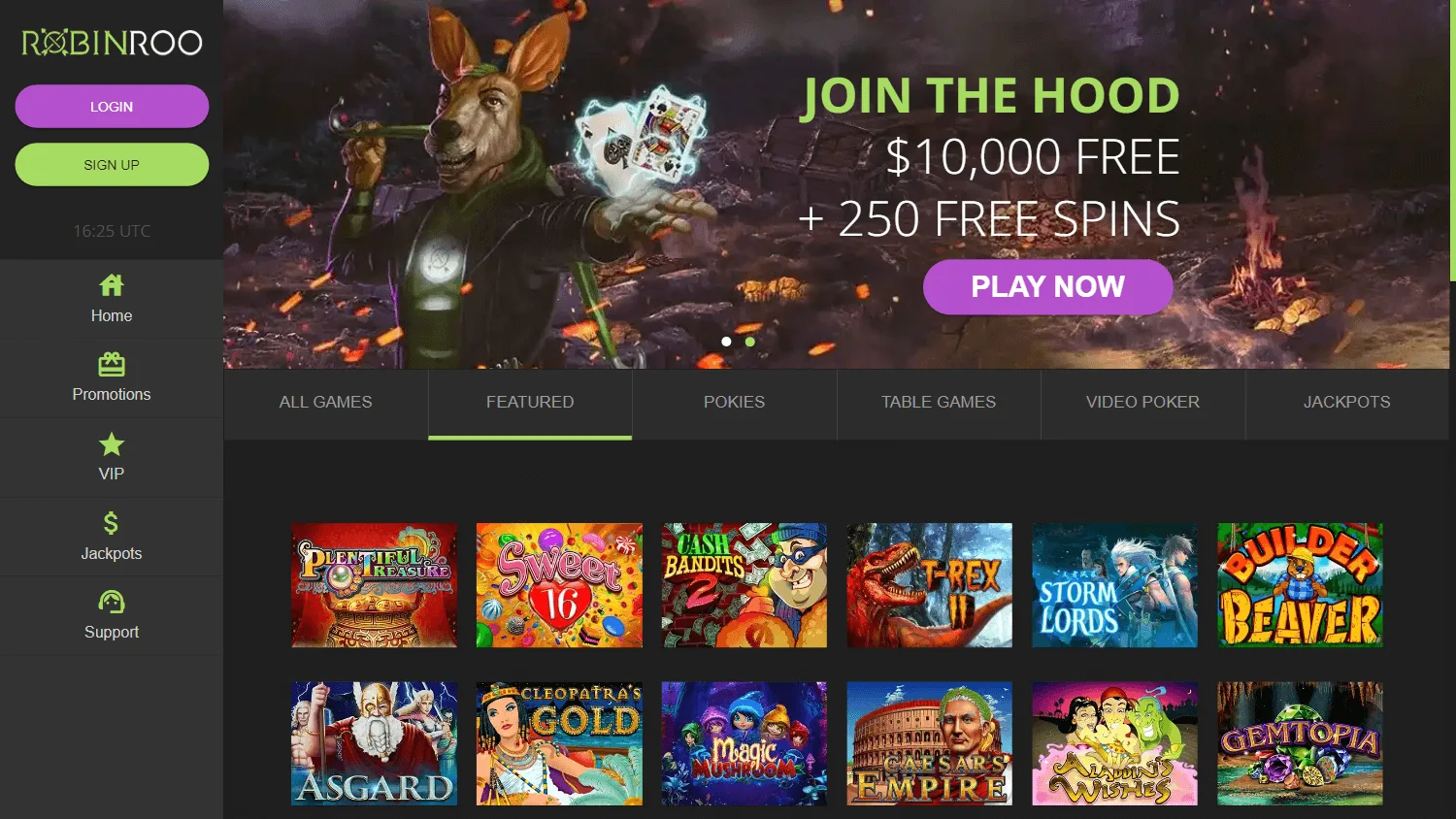 Robin Roo Casino desktop game lobby with pokies, table games and live dealer categories