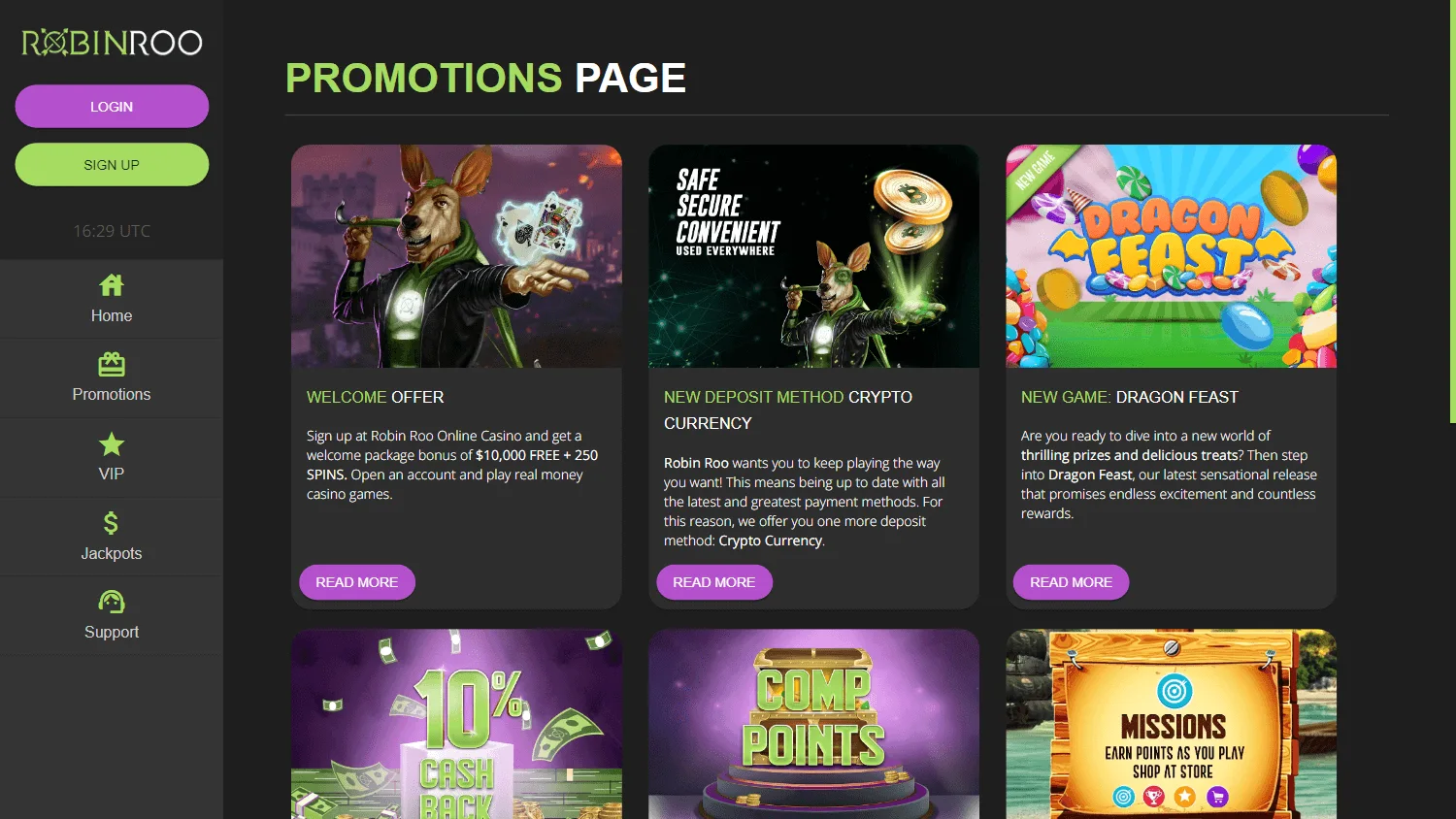 Robin Roo Casino desktop promotions area with welcome offers and recurring promotions