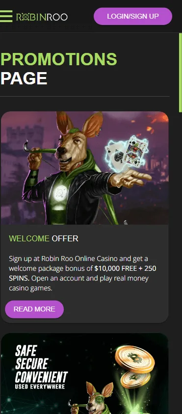 Robin Roo Casino mobile promotions area with bonus offers and Free Spins promotions