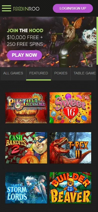Robin Roo Casino mobile browser experience with compact navigation and casino games